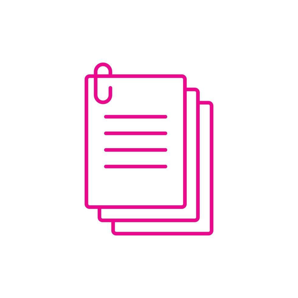 eps10 pink vector stack of paper with clip icon isolated on white background. Document papers pile outline symbols in a simple flat trendy modern style for your website design, logo, and mobile app