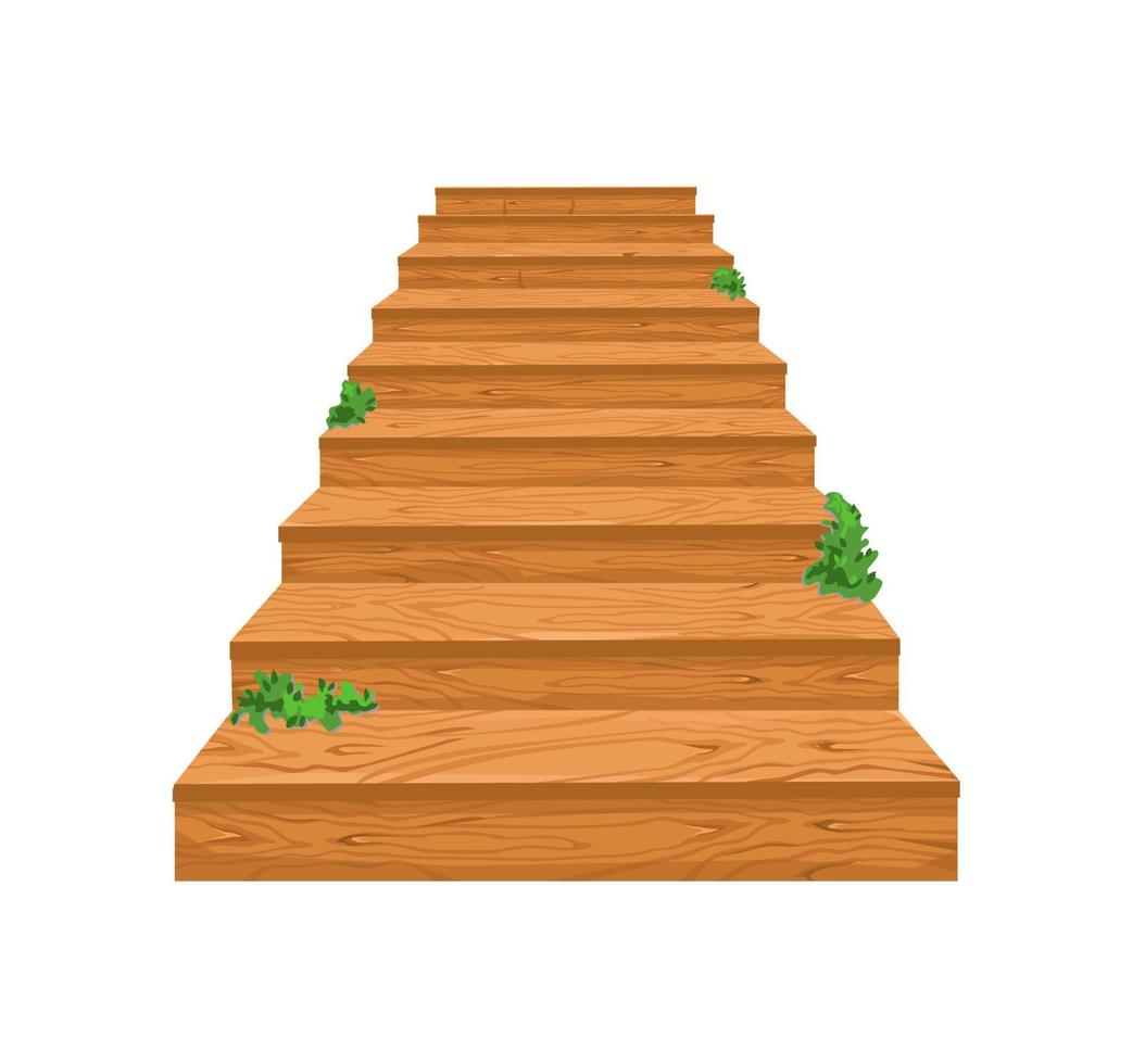 Wooden staircase leading up with sprouted greenery. Cartoon staircase for a castle or an old house. Steps up. Vector illustration.