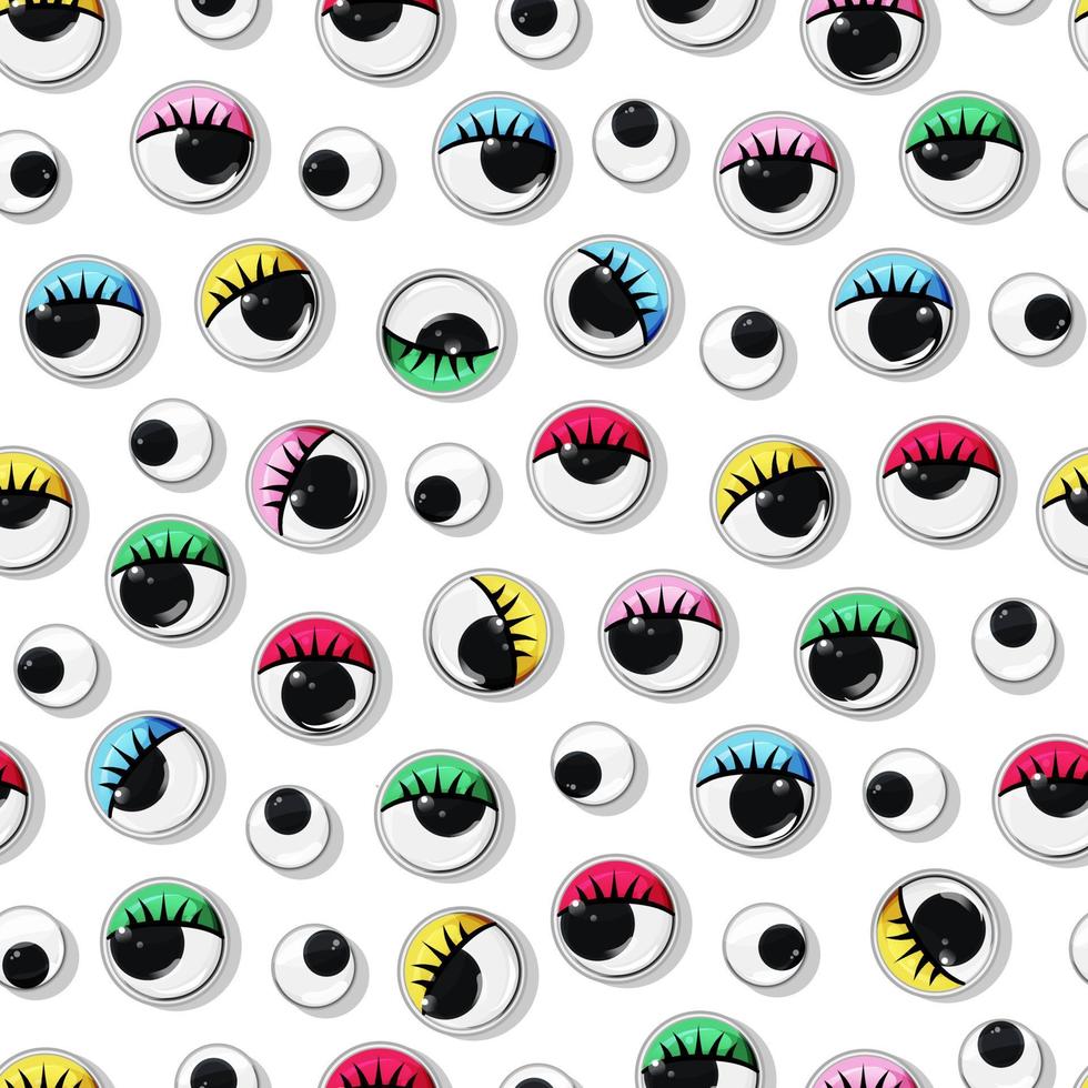 Multicolored plastic toy eyes seamless pattern on white insulated background. Various safe parts. Vector cartoon illustration.