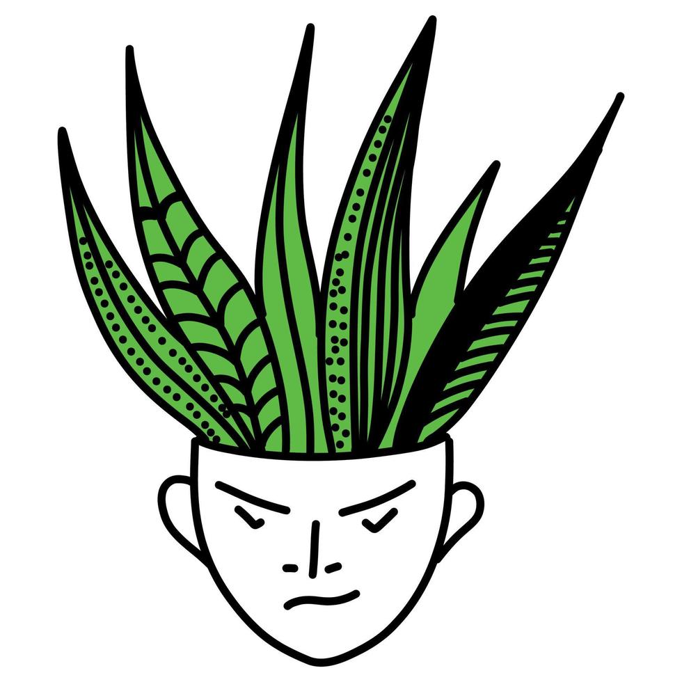 ilustración vectorial al estilo garabato, una maceta de flores en forma de cabeza humana con una planta. vector