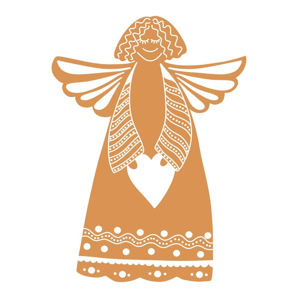 vector Christmas gingerbread in the form of an angel with a heart on a white background.