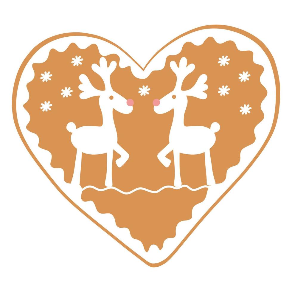 vector Christmas gingerbread in the form of a heart with reindeer frosting.