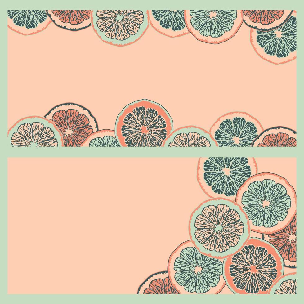 Set of citrus horizontal banners. Vector illustration with citrus fruits. Lemon, orange posters. Cartoon banners with citrus cutted in slices.
