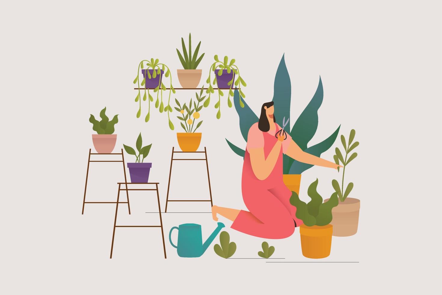 Girl Taking Care Houseplants illustration vector