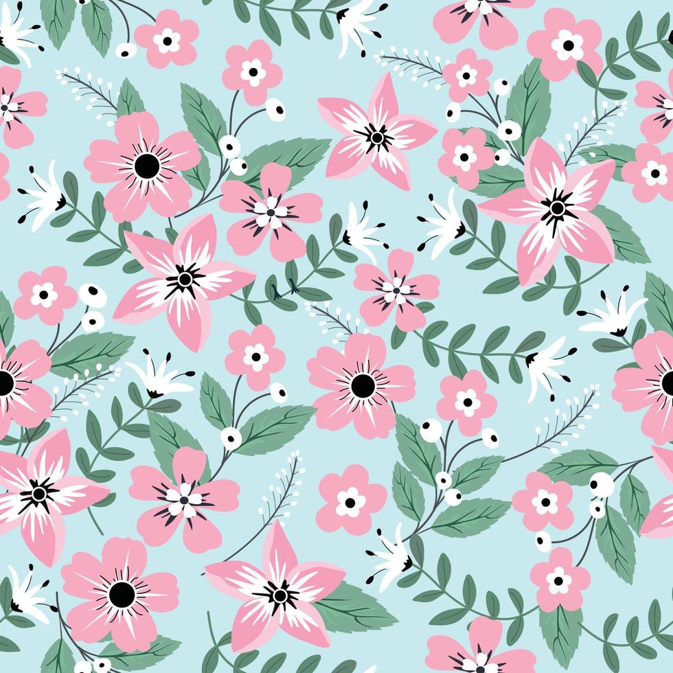 pink flower on blue background seamless pattern vector