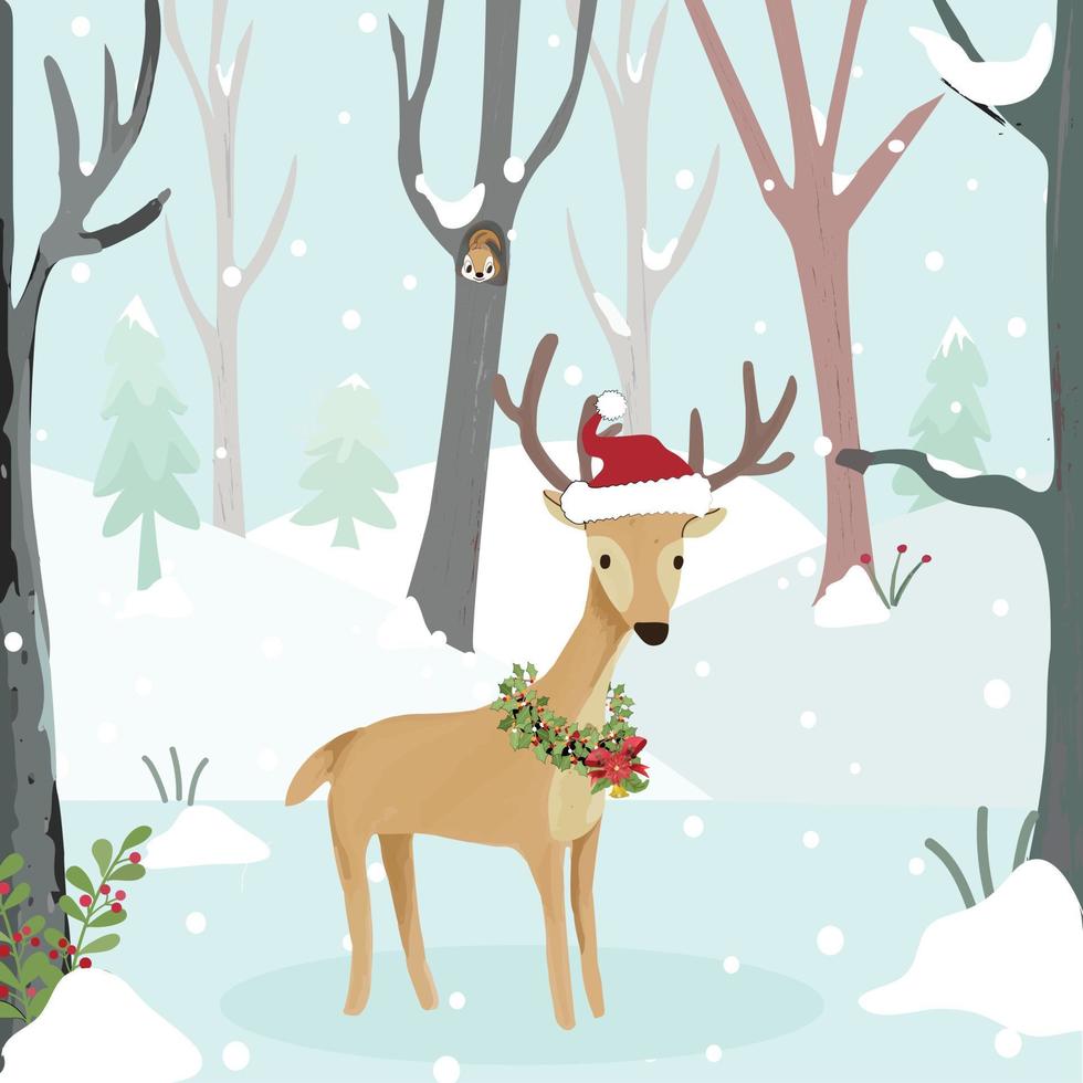 Cute reindeer on christmas day in winter forest vector