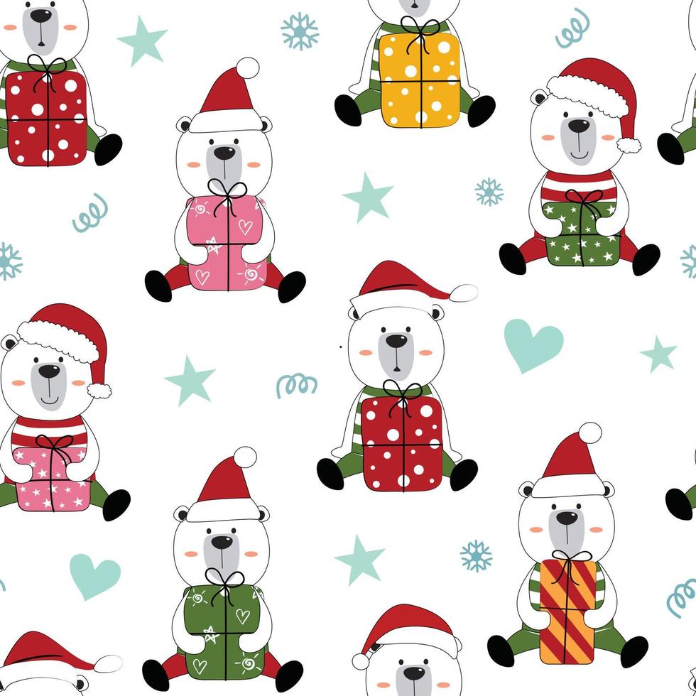 Cute teddy bear santa claus with presents seamless pattern vector