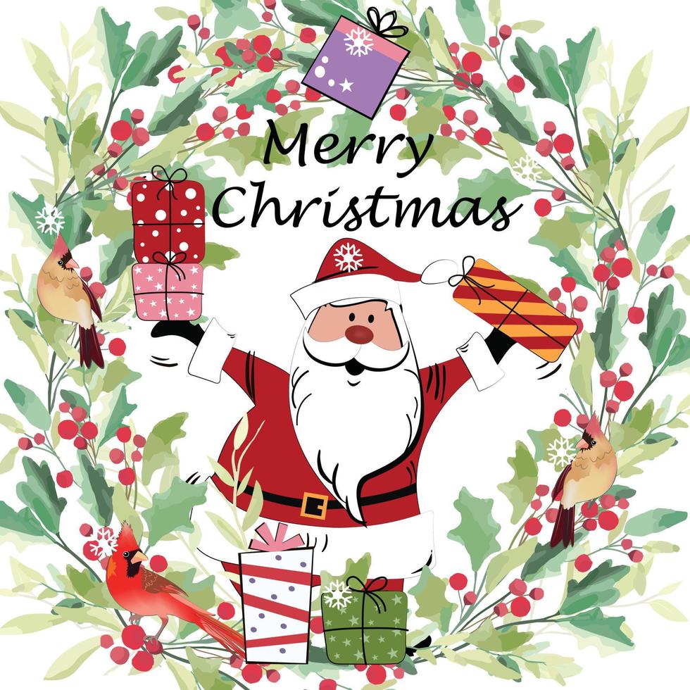 Sataclaus in holly wreath with presents on christmas day vector