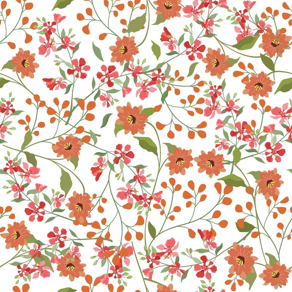 orange and red flower with green leaf seamless pattern vector