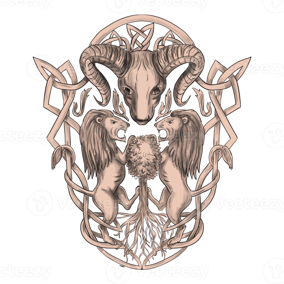 Bighorn Sheep Lion Tree Coat of Arms Celtic Knotwork Tattoo png