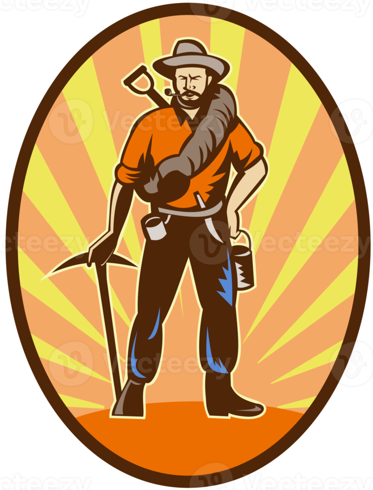 Miner, prospector or gold digger with pick axe and shovel png