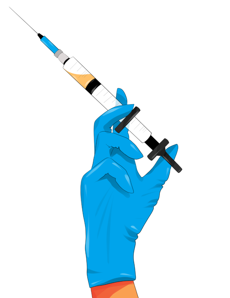 Illustration medicine cosmetology hand brush in medical gloves holds a syringe with an injection for an injection of botox vitamins from wrinkles or an antibiotic png