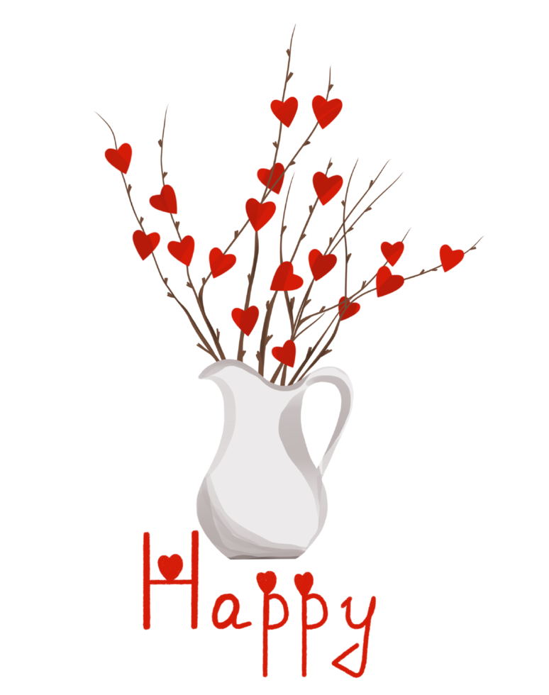 ilustración digital de una tarjeta creativa para un ramo de vacaciones con corazones rojos en un jarrón y la felicidad característica en un fondo blanco png