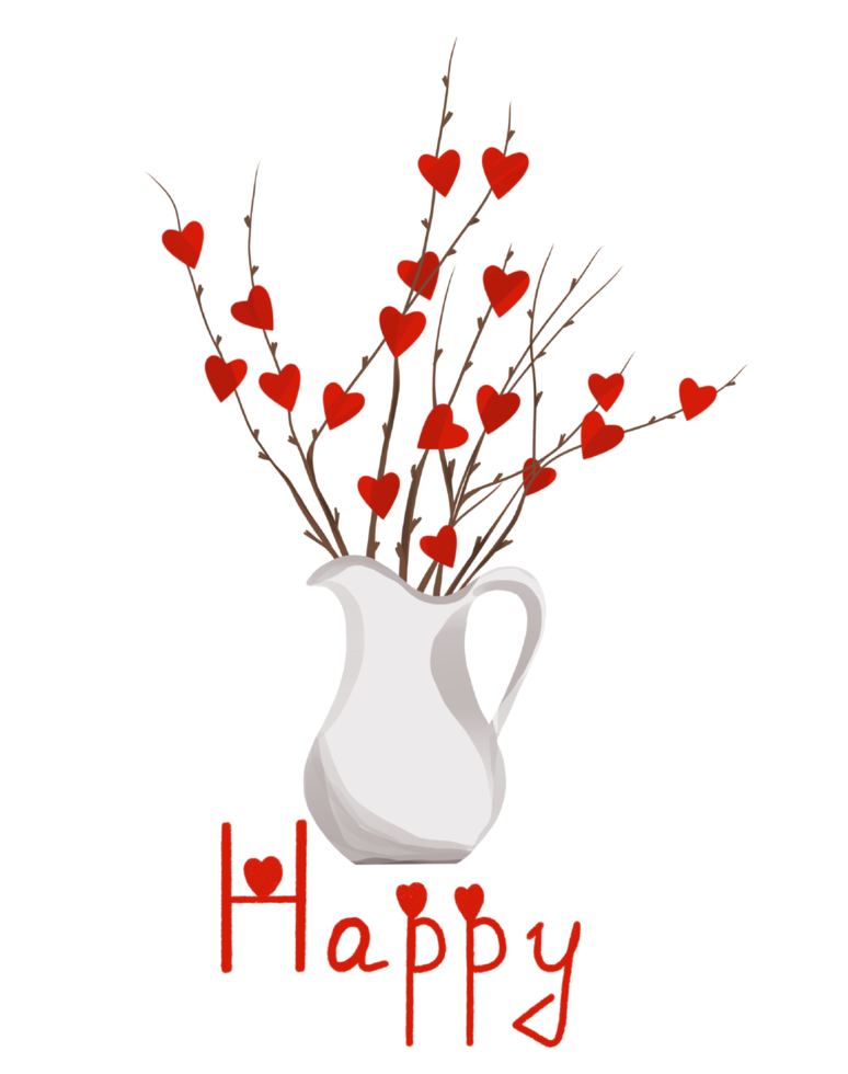 Digital illustration of a creative card for a holiday bouquet with red hearts in a vase and the signature happiness on a white background png