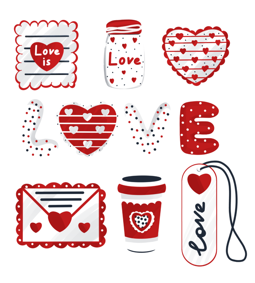 Digital illustration graphic elements doodle stickers baby hearts envelope keychain heart jar glass festive png