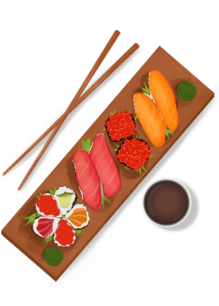 Illustration rolls and sushi salmon tuna avocado wasabi caviar Japanese food seafood soy sauce and chopsticks illustration for the menu and design of the restaurant png