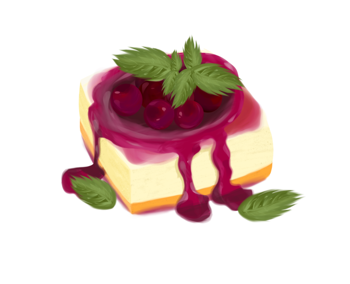ilustração da famosa sobremesa da cozinha italiana panna cotta com molho de mirtilo hortelã groselha em tons delicados de coral vermelho-rosa roxo e verde em um prato png