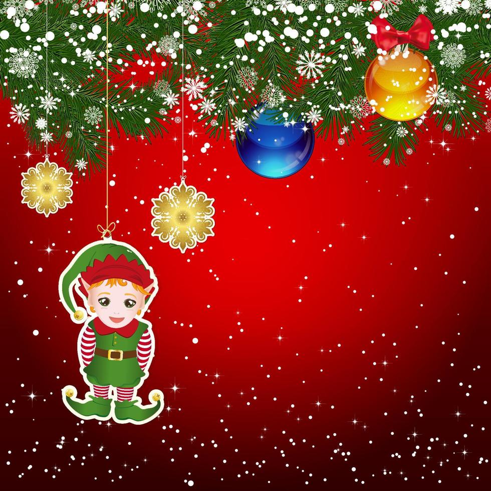 Christmas background with Christmas tree branches decorated with glass balls and toys. vector