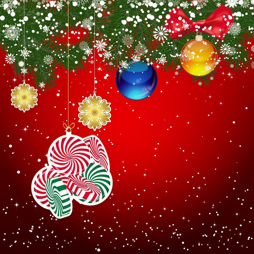 Christmas background with Christmas tree branches decorated with glass balls and toys. vector