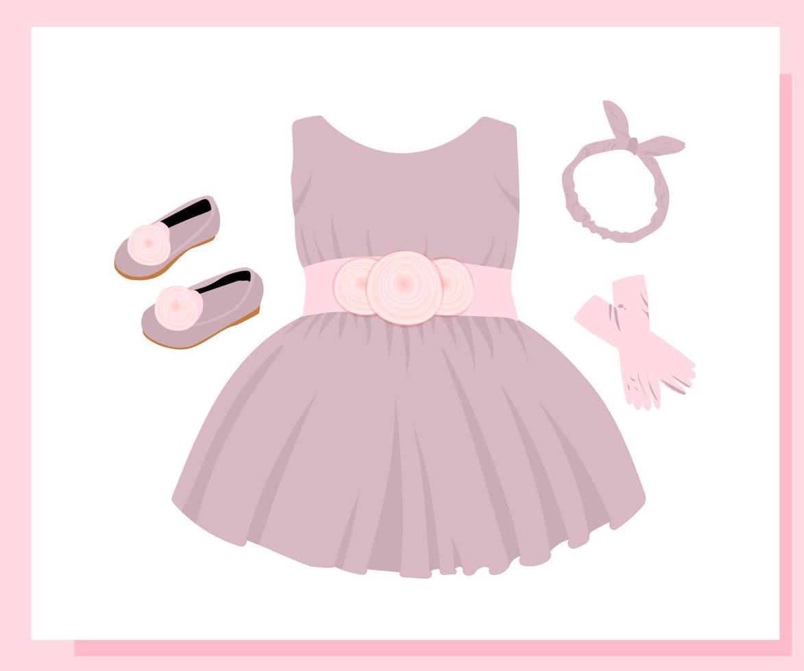 zapatos de fiesta para niñas, zapatos modelo para niños. hermoso vestido de fiesta. falda con tul y lazo. traje de princesa ilustración vectorial aislada. vector