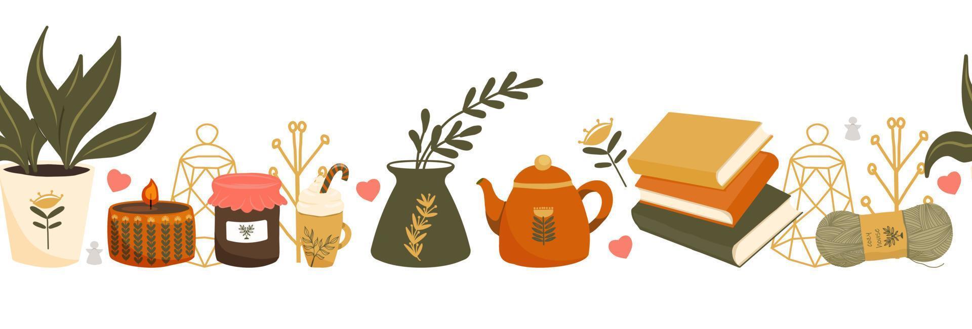 diseño de borde de patrón hygge de otoño e invierno. Lindo y acogedor banner de repetición sin costuras vectorial. ilustración de bufandas, mitones, café, follaje de bosque de invierno y estrellas. vector