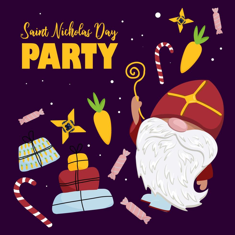 Saint Nicholas party. Invitation poster for St. Nicholas Day character. Winter children s holiday. vector