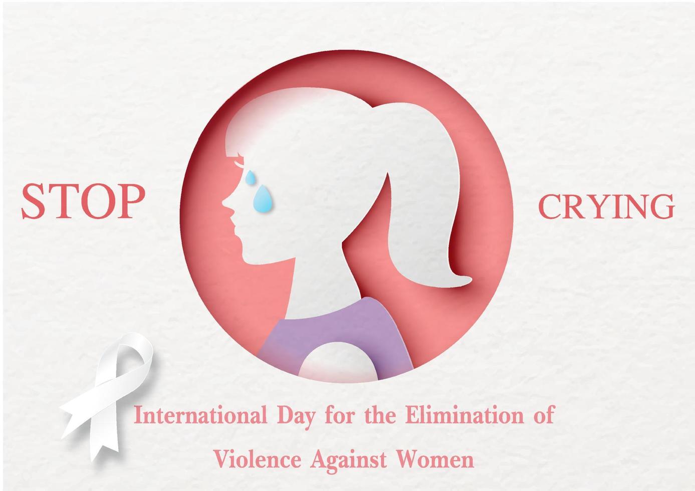 Silhouette of woman head crying in a pink circle with the name, slogan of campaign and white ribbon on paper pattern background. All in vector design and paper cut style.