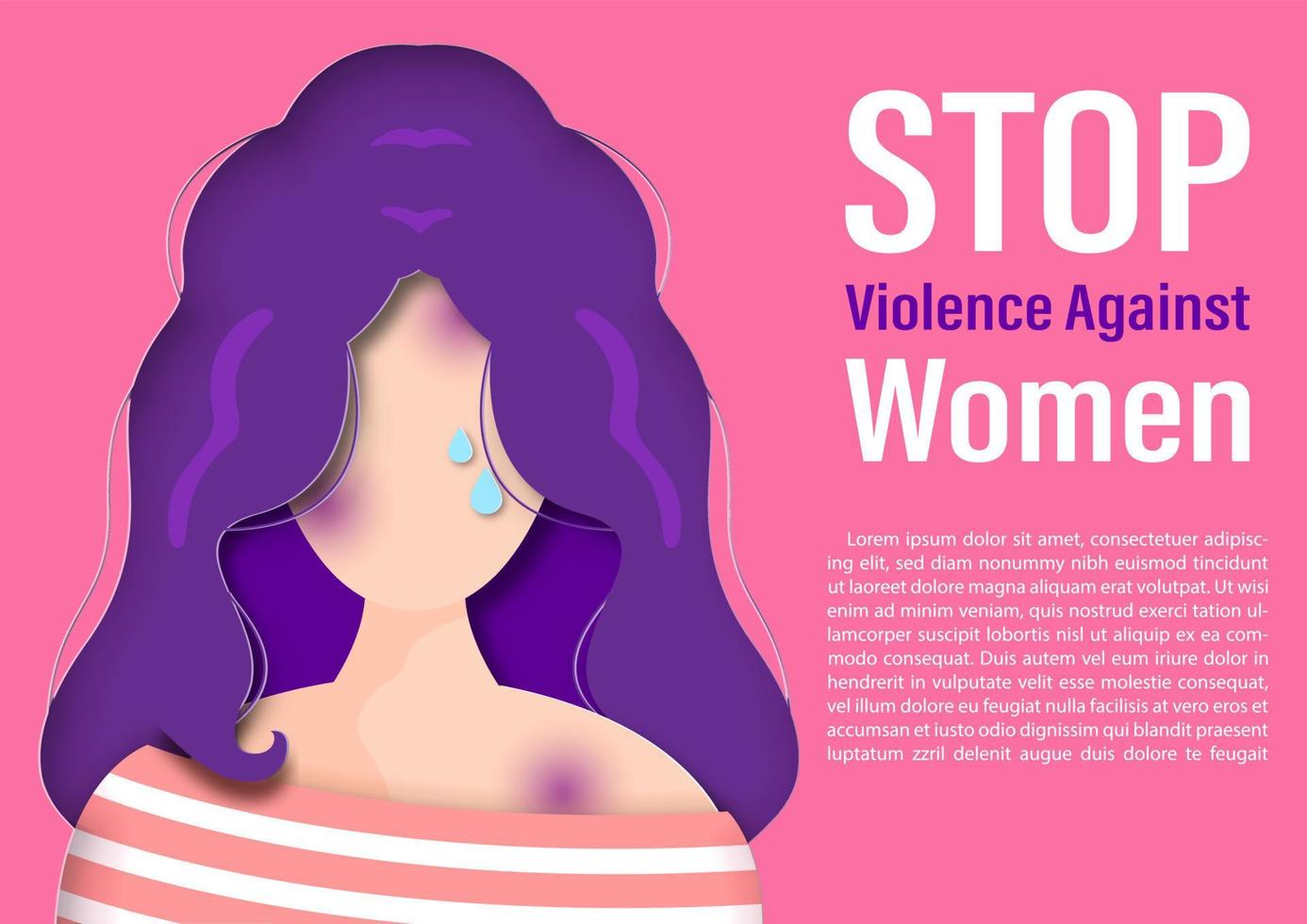 Closeup and crop woman cartoon character being abused with slogan of International day for Elimination Violence Against women, example texts on pink white background. vector