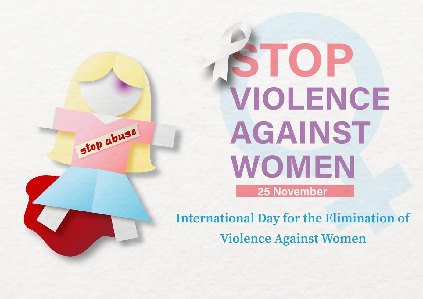 Doll girl with blood out in paper cut style and color wording of Violence against women day on on women symbol on paper pattern and white background. Poster campaign in vector design.