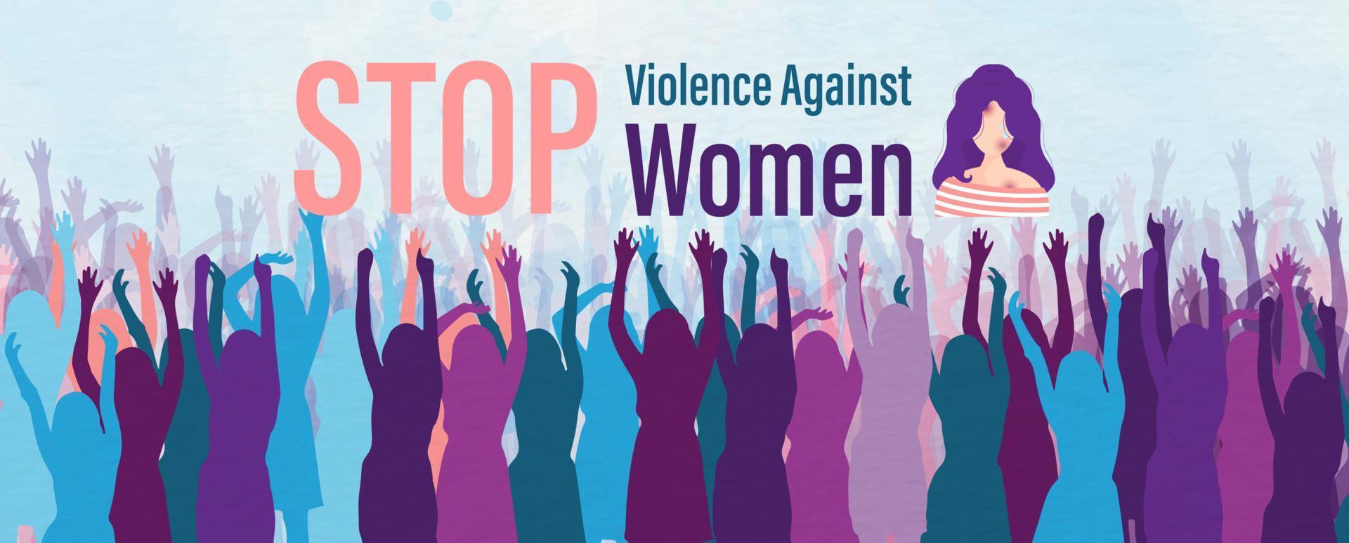 Silhouette and colors crowds of women with slogan of International day for Elimination Violence Against Women campaign with woman character being abused on blue paper pattern background. vector