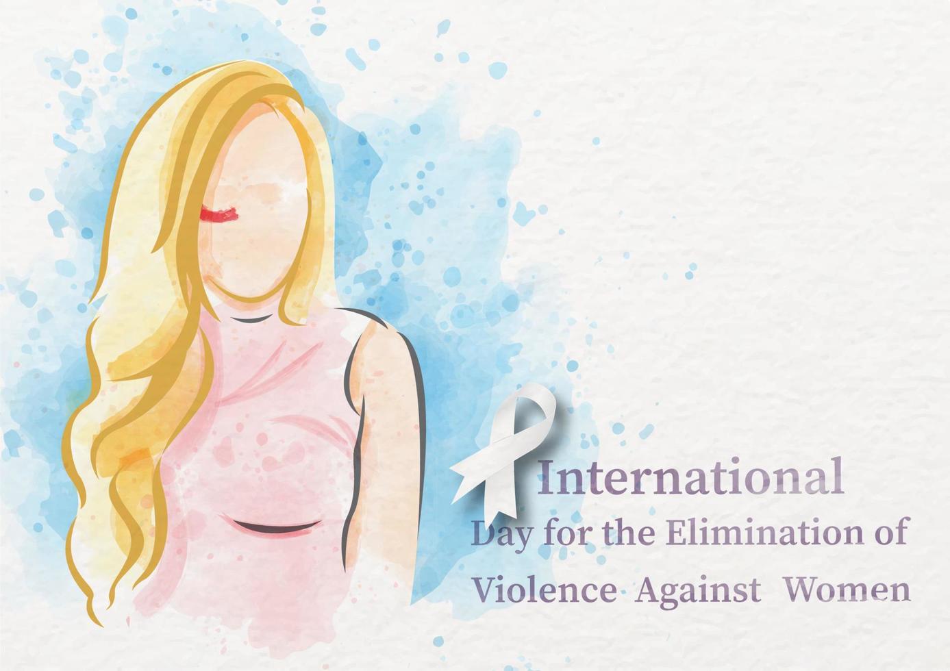 Beautiful woman with brush from lip stick symbol of Stop Against Women and white ribbon, name of event on blue watercolor pattern background. Campaign poster in watercolor style and vector design.