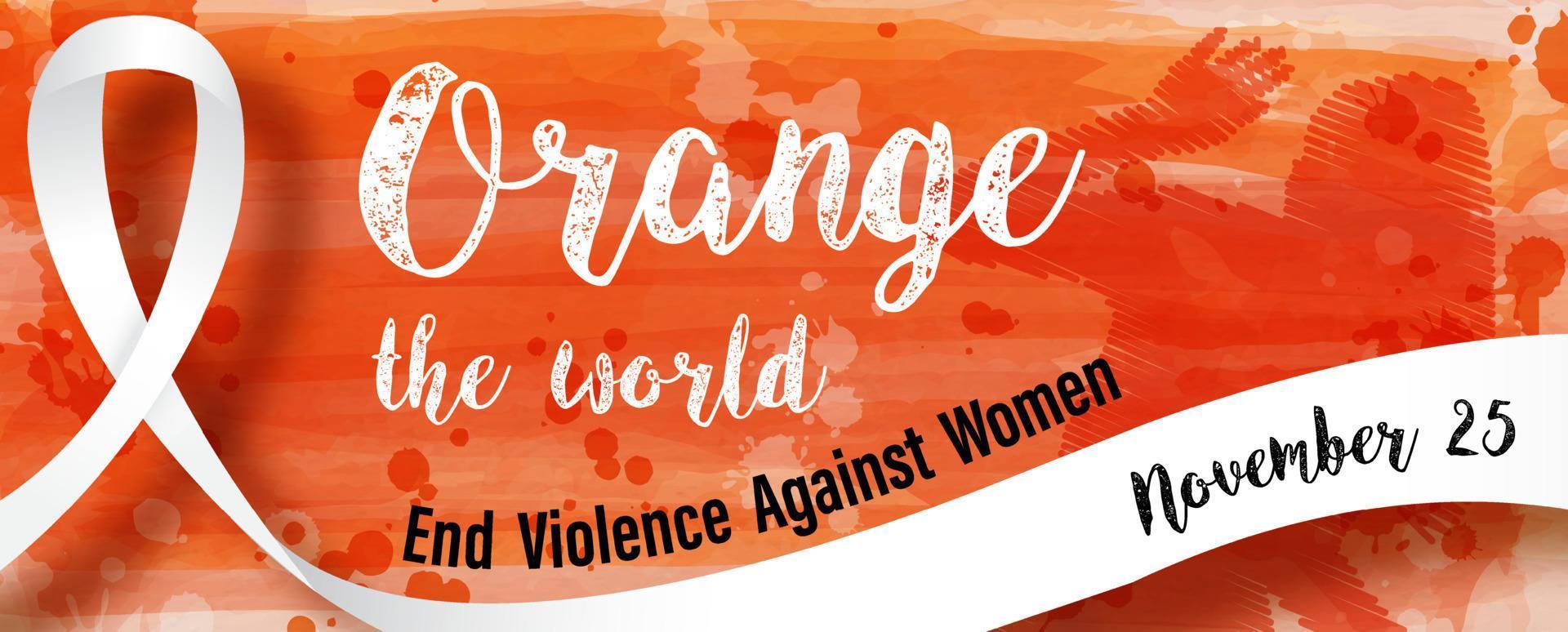 White ribbon with Orange the world letters and wording about International day for the elimination of Violence Against Women with slogan and the day of event in poster and vector design.