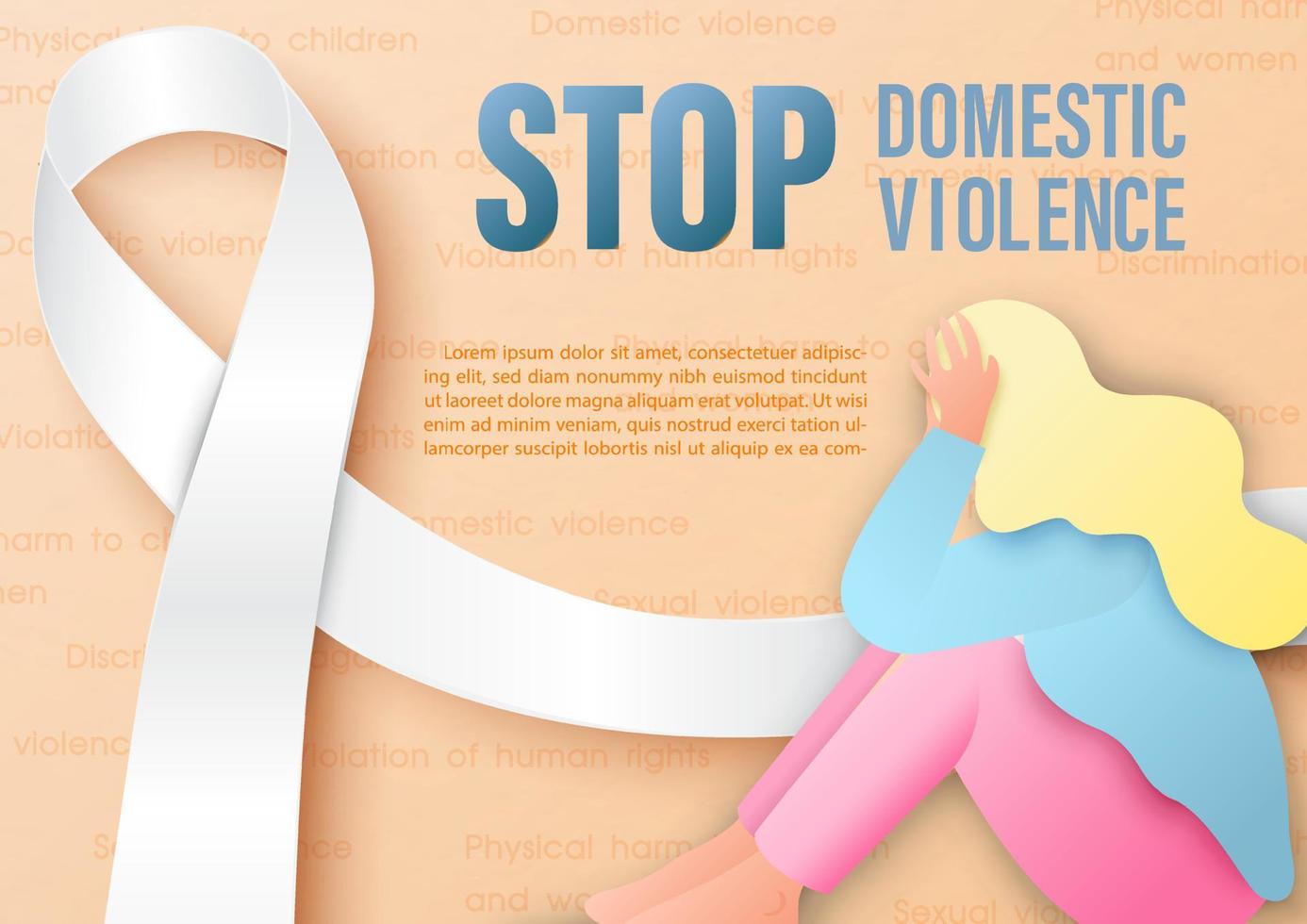 mujer triste con una cinta blanca gigante, palabras sobre el día internacional para la eliminación de la violencia contra la mujer, la campaña y textos de ejemplo sobre patrones de palabras de violencia y fondo naranja claro. vector