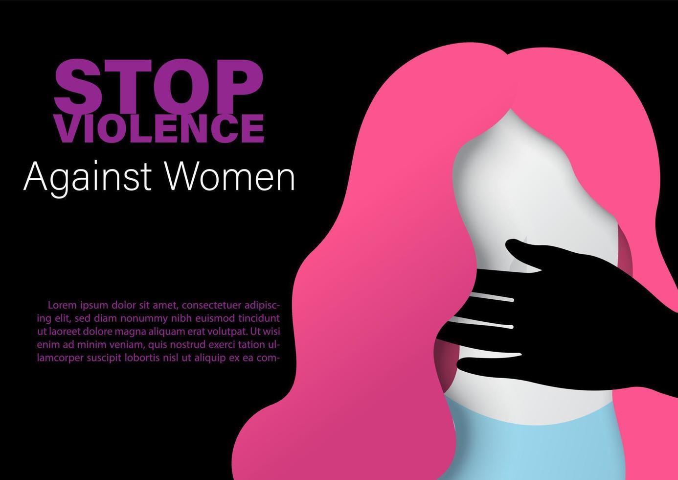 Closeup human violence in paper cut style with wording about International day for the elimination of Violence Against Women, example texts and black background. vector