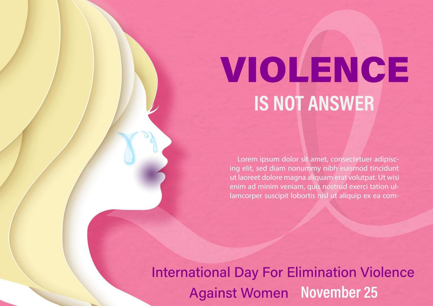 mujer cerrada y recortada siendo abusada en estilo de corte de papel con el eslogan del día internacional para la eliminación de la violencia contra la mujer, textos de ejemplo sobre cinta blanca y fondo rosa. vector