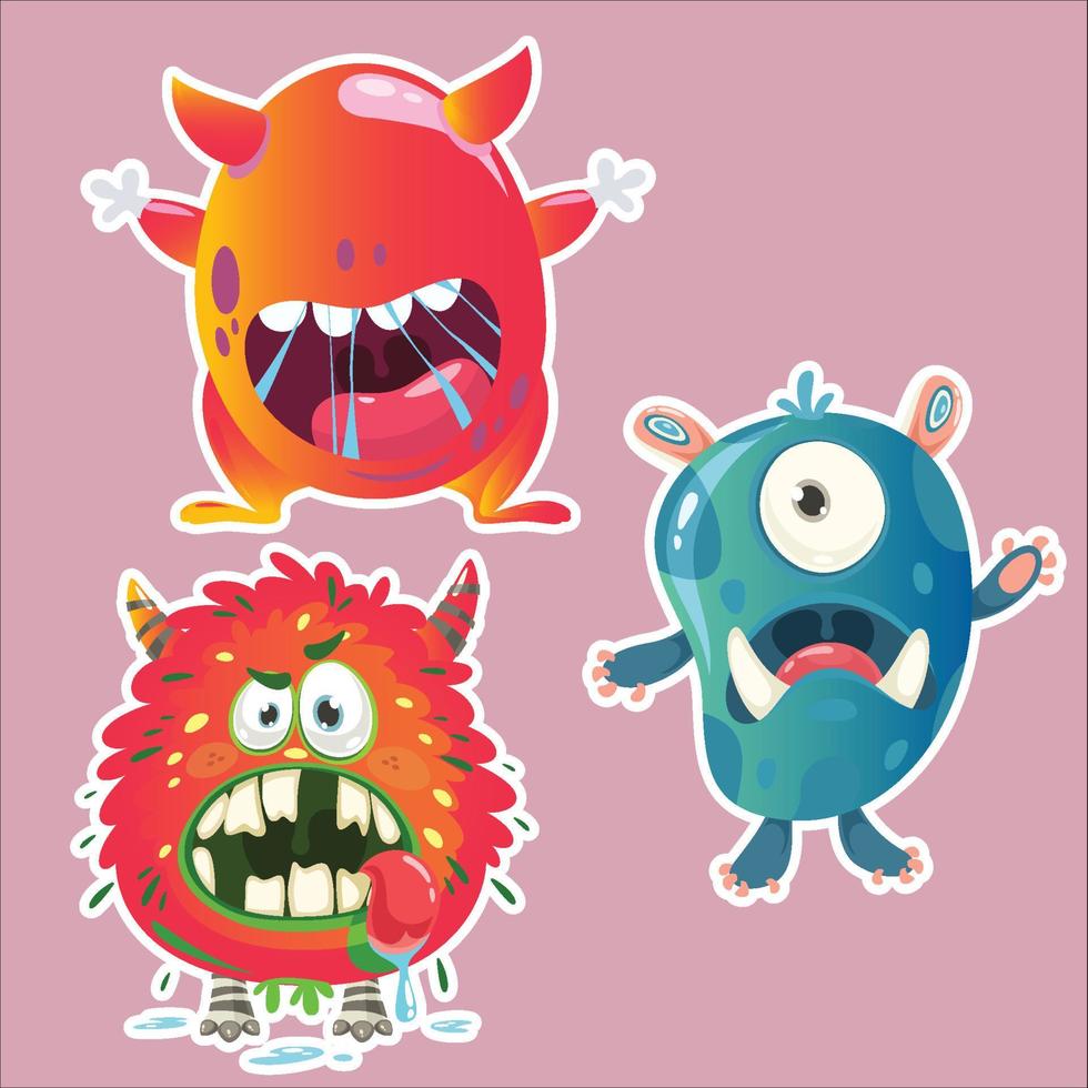 Illustration funny monsters set with ears tails, mouth and eyes vector