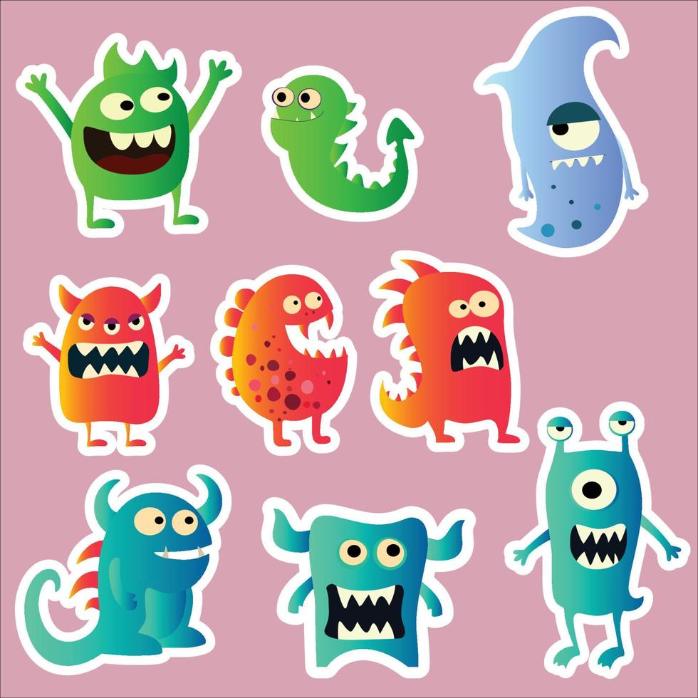 Cartoon Cute Monsters Sticker Set vector