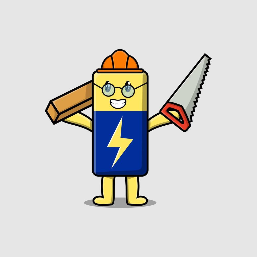 cartoon Battery as carpenter character with saw vector