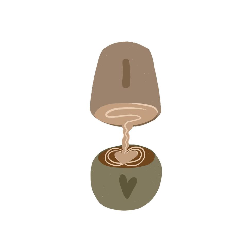 Making a cup of coffee latte art, hand drawn isolated on the white background. Coffee culture vector