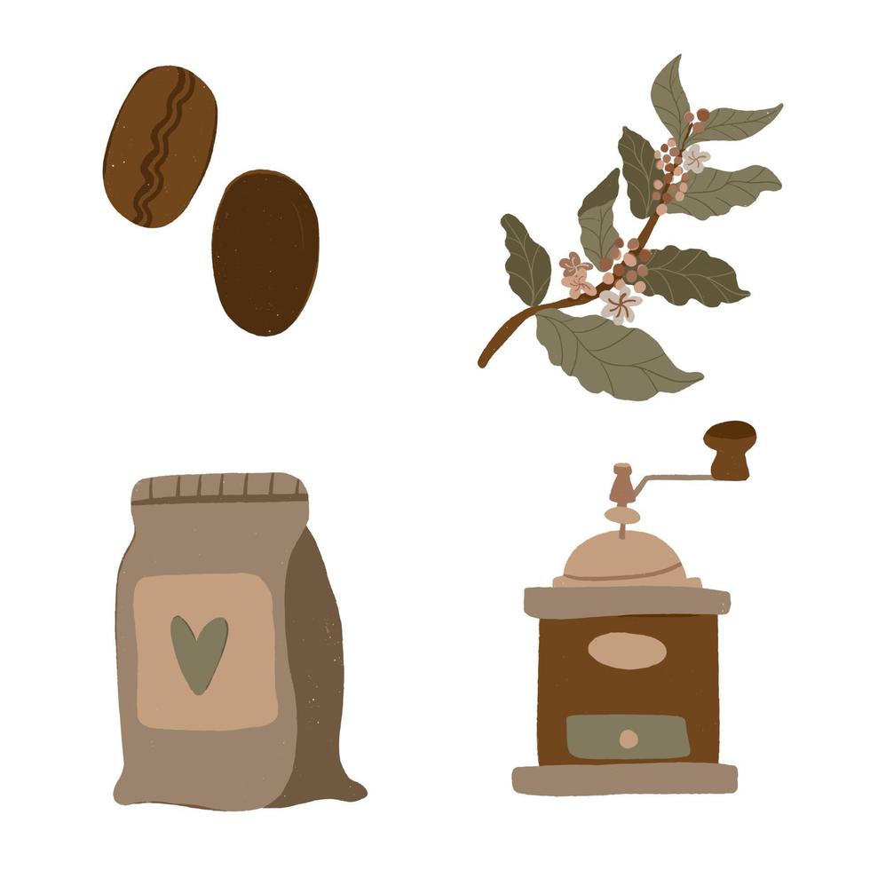 juego de café de granos, plantas, molinillos de café y envases de café vector