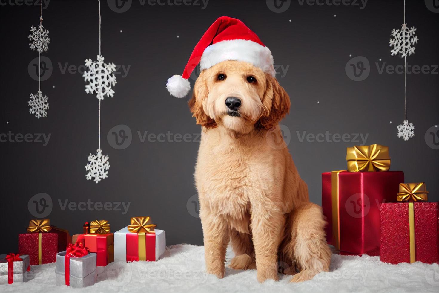 Adorable Goldendoodle dog with one Santa hat and Christmas decorations, cute photo