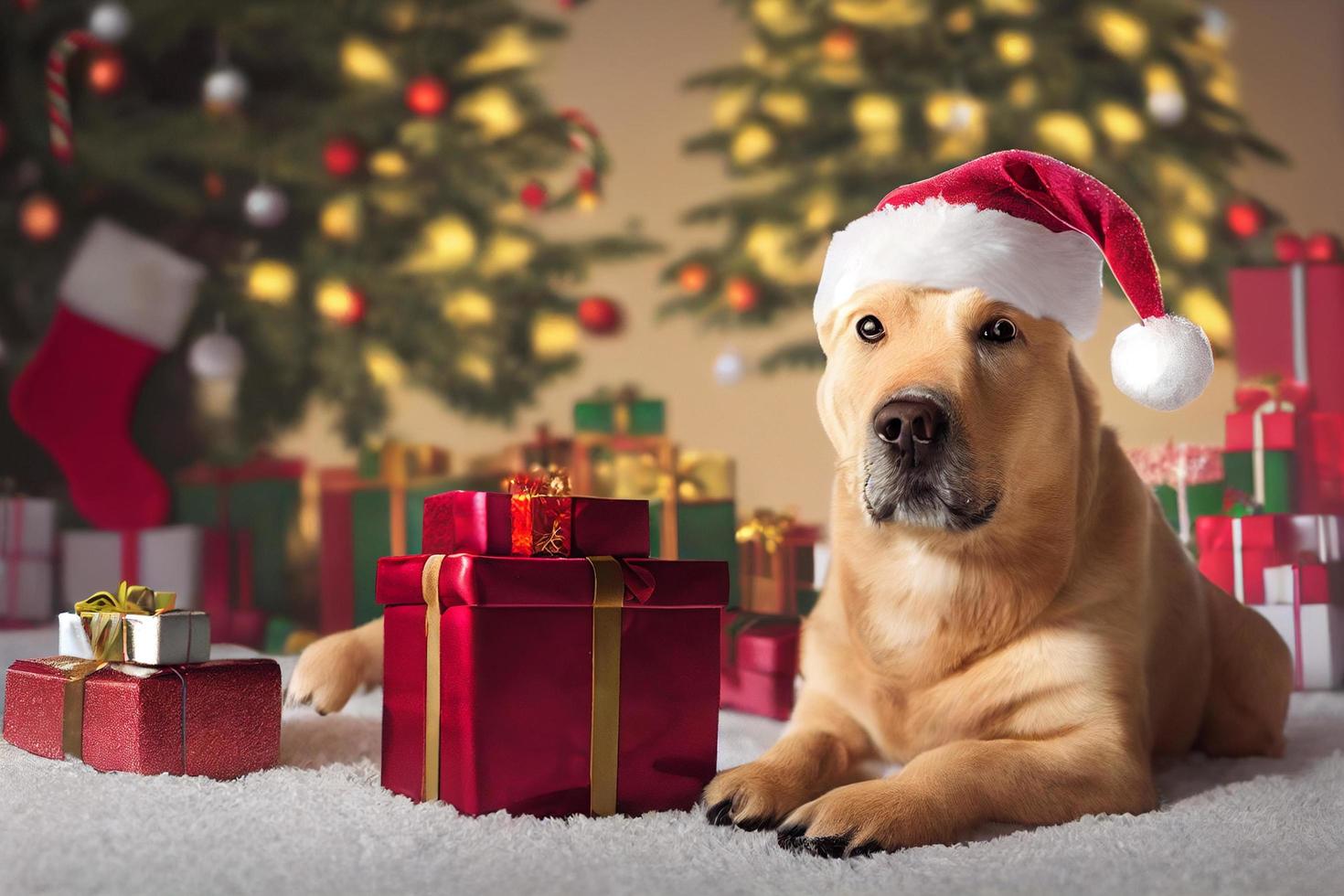 lindo perro cocker golden retriever con sombrero de santa en una sala de navidad con cajas de regalo foto