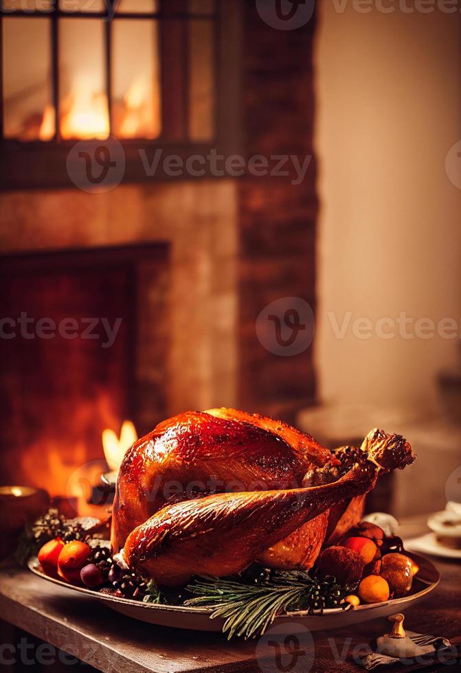Roasted Thanksgiving turkey on a festive table. 3d illustration. Food photog photo