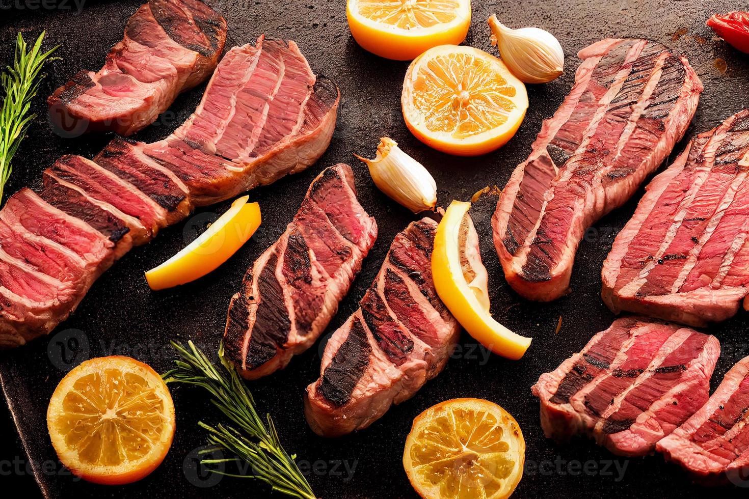 Grilled steaks on a black slate with rosemary and lemon slices. photo