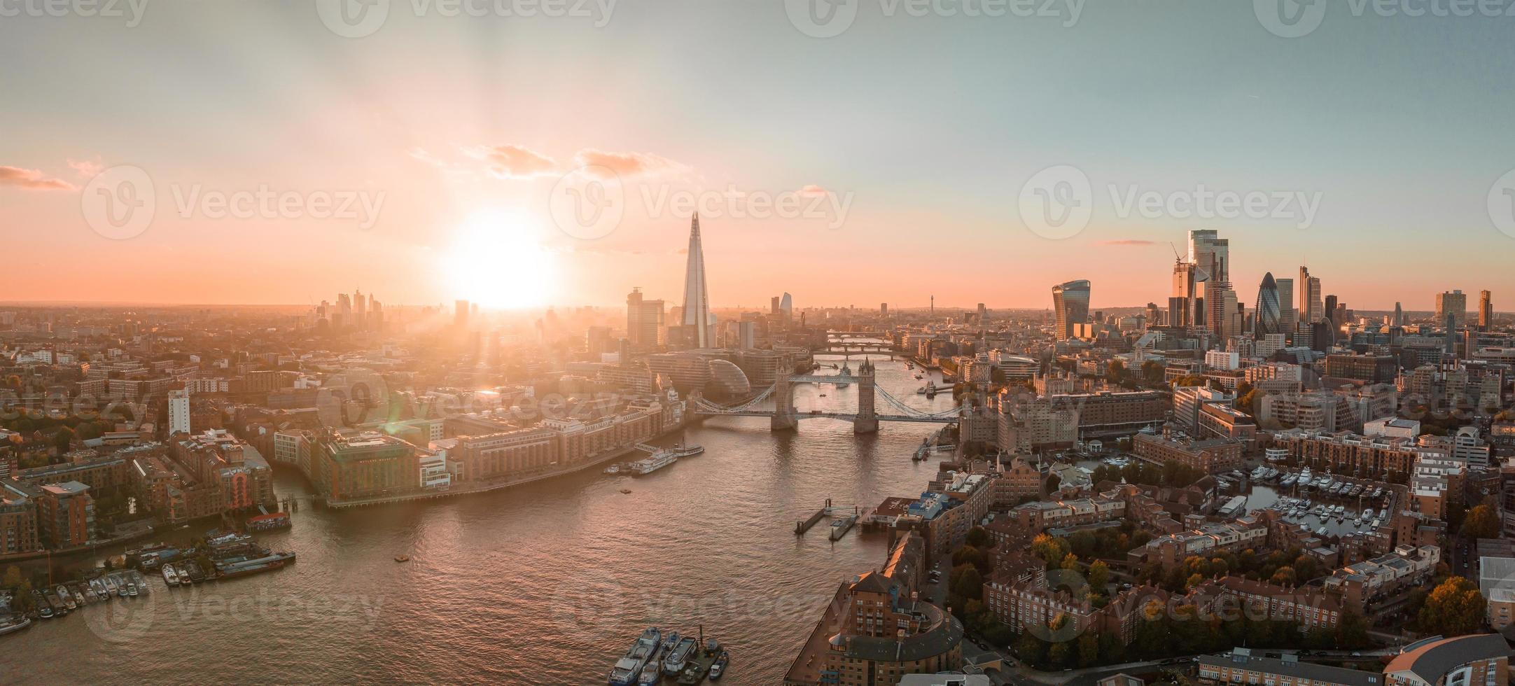 Aerial view of the London Tower Bridge at sunset. photo