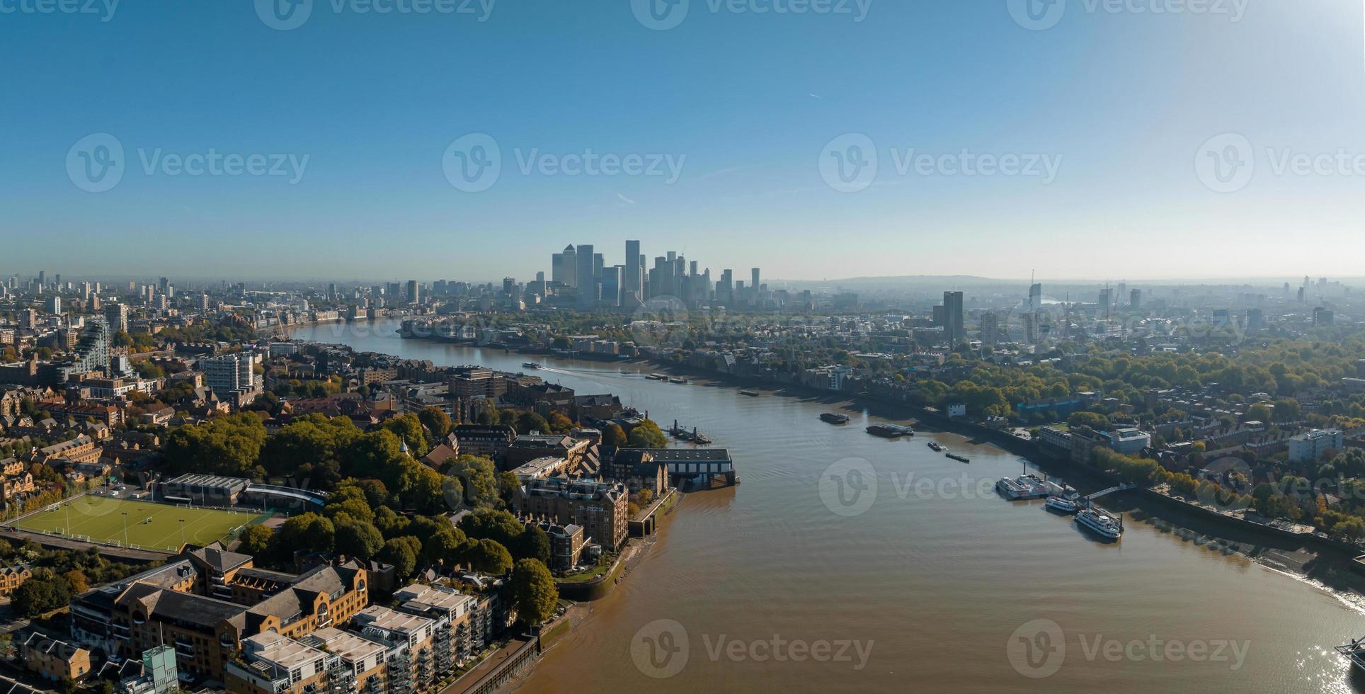 Aerial panoramic skyline view of Canary Wharf, the worlds leading financial district in London, UK. photo