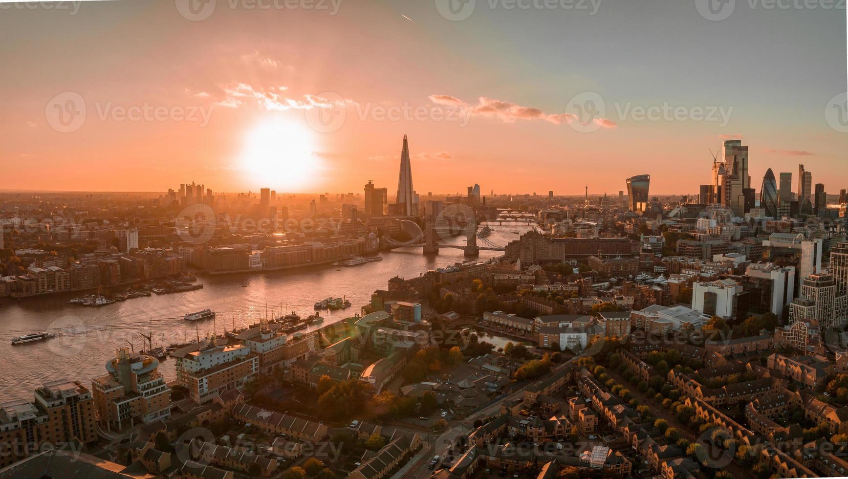 Aerial view of the London Tower Bridge at sunset. photo