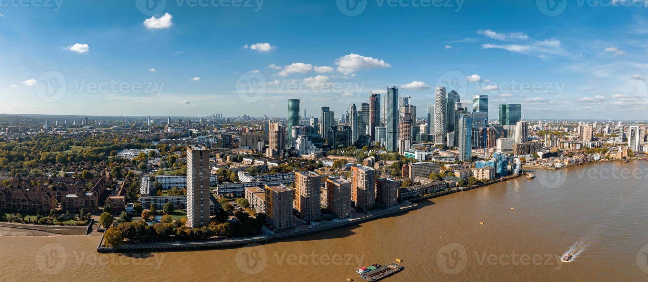 Aerial panoramic skyline view of Canary Wharf, the worlds leading financial district in London, UK. photo