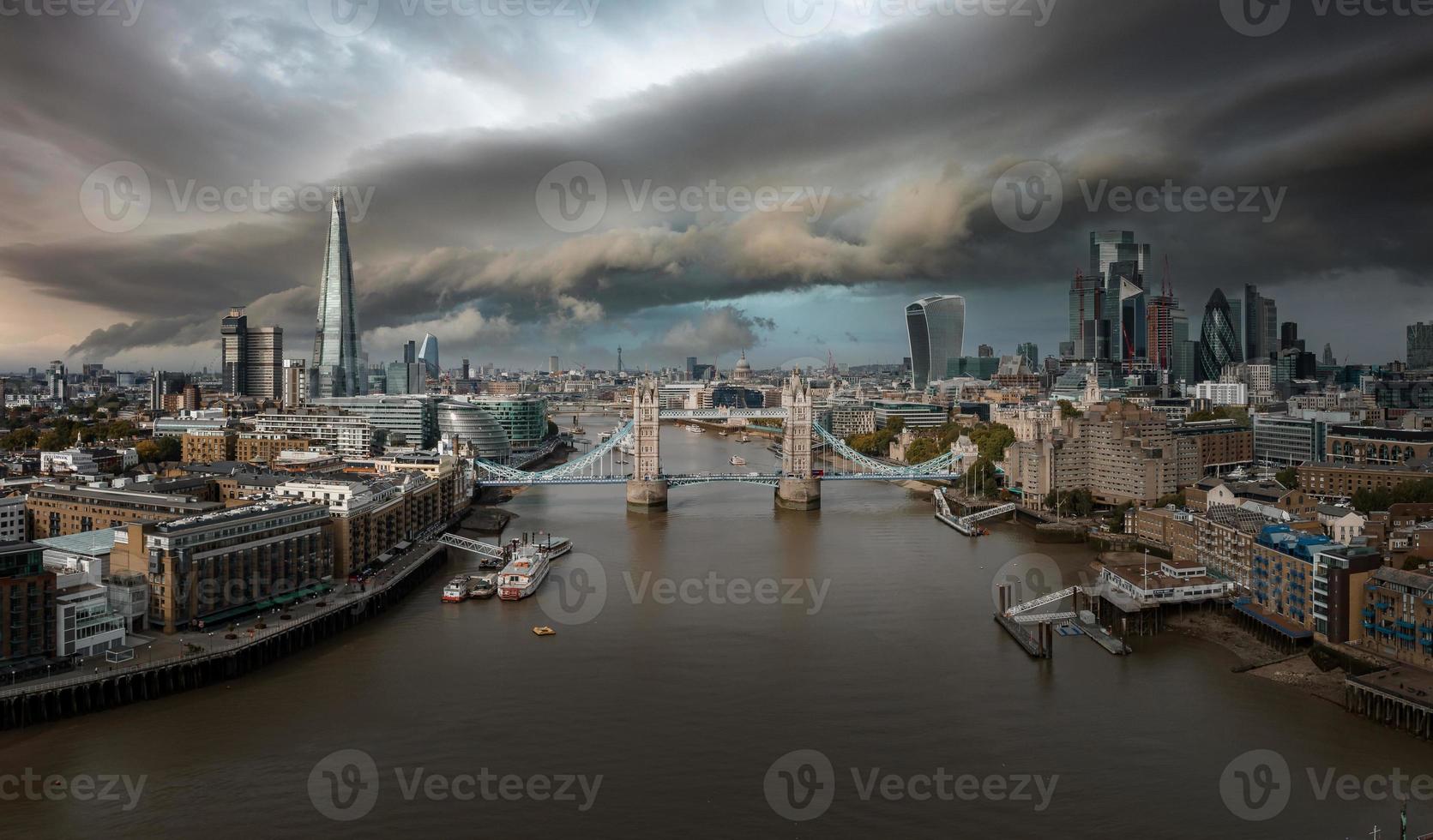 Aerial view of the Tower bridge, central London, from the South bank of the Thames. photo