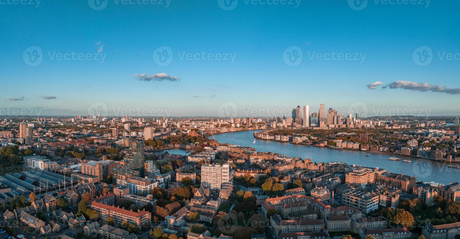 Aerial panoramic skyline view of Canary Wharf, the worlds leading financial district in London, UK. photo